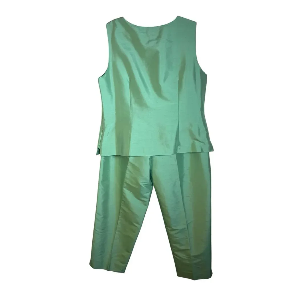Vintage 90s Talbots Pure Silk Women 16/18 Sage Green Shantung Silk 2 pc Pant Set - Picture 8 of 14